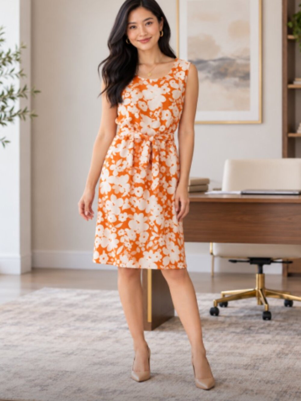 Emme & Michele Women’s Small Orange Ivory Floral Belted Dress Lined Office Glam